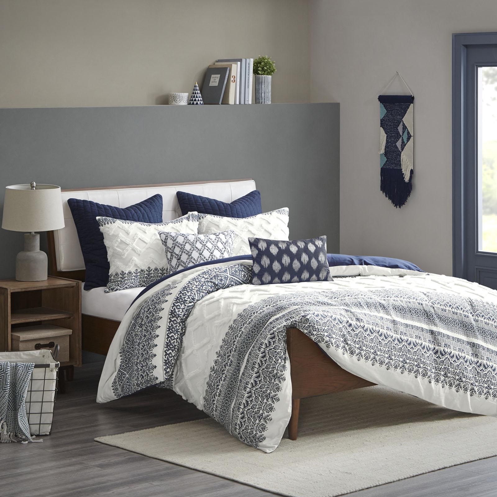 Mila 3-Piece Cotton Printed Duvet Cover Set with Chenille 3 Mila 3-Piece Cotton Printed Duvet Cover Set with Chenille
