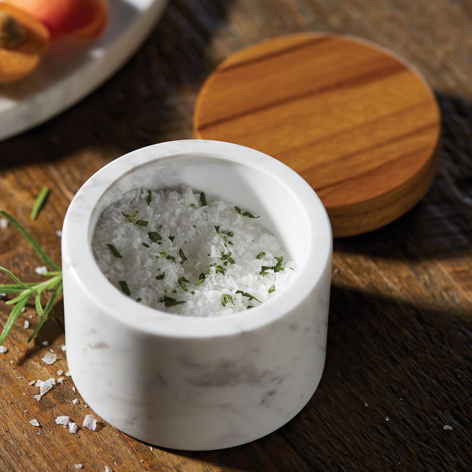 Pantryware White Marble Salt Cellar with Teak Wood Lid 1 Pantryware White Marble Salt Cellar with Teak Wood Lid