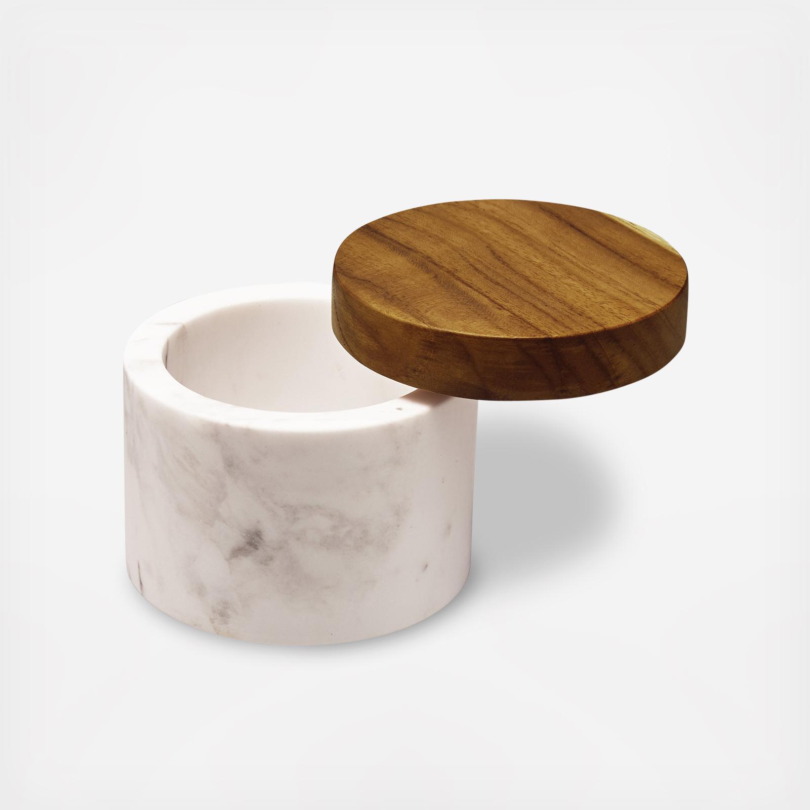 Pantryware White Marble Salt Cellar with Teak Wood Lid 4 Pantryware White Marble Salt Cellar with Teak Wood Lid