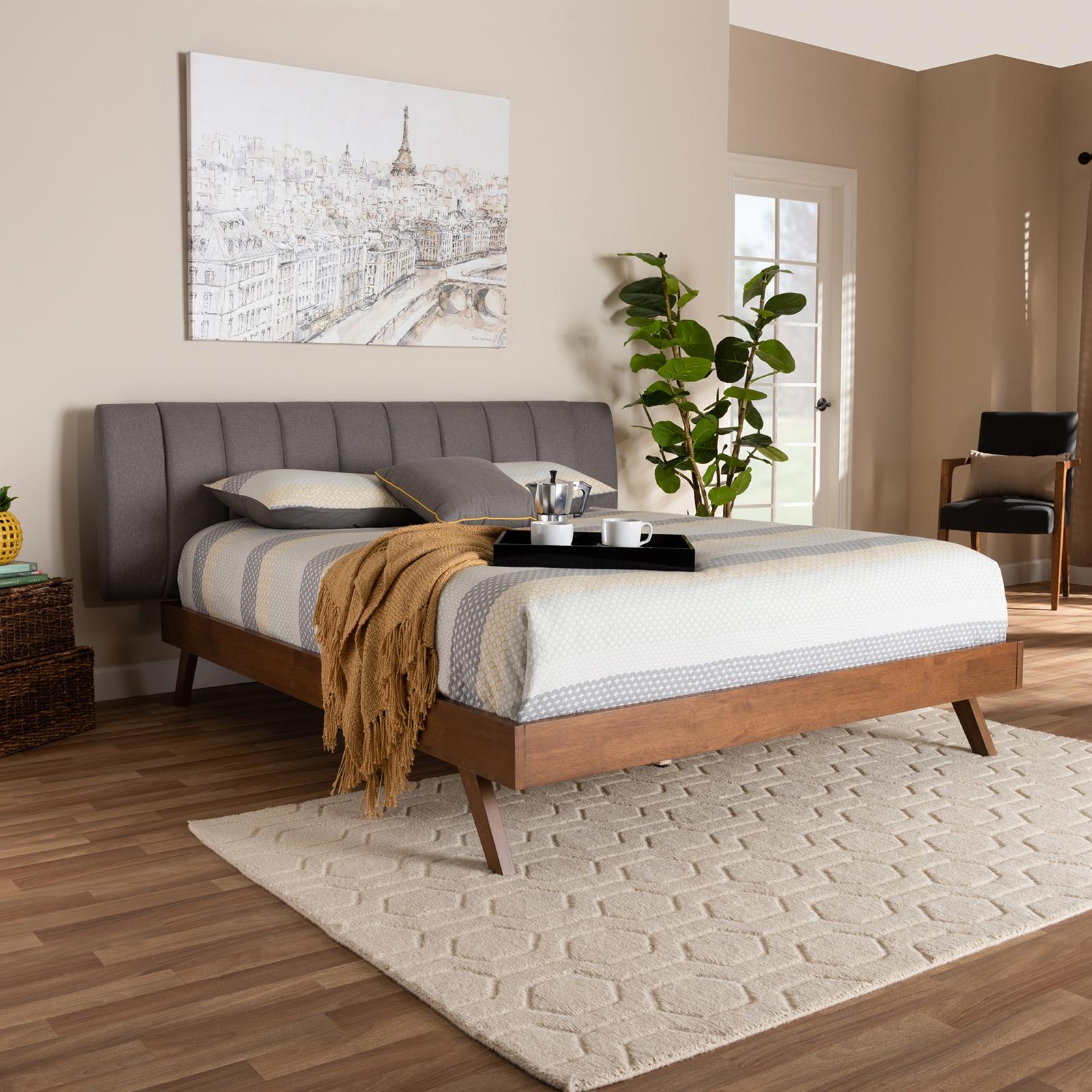 Brita Mid-Century Modern Upholstered Walnut Finished Wood Bed 13 Brita Mid-Century Modern Upholstered Walnut Finished Wood Bed