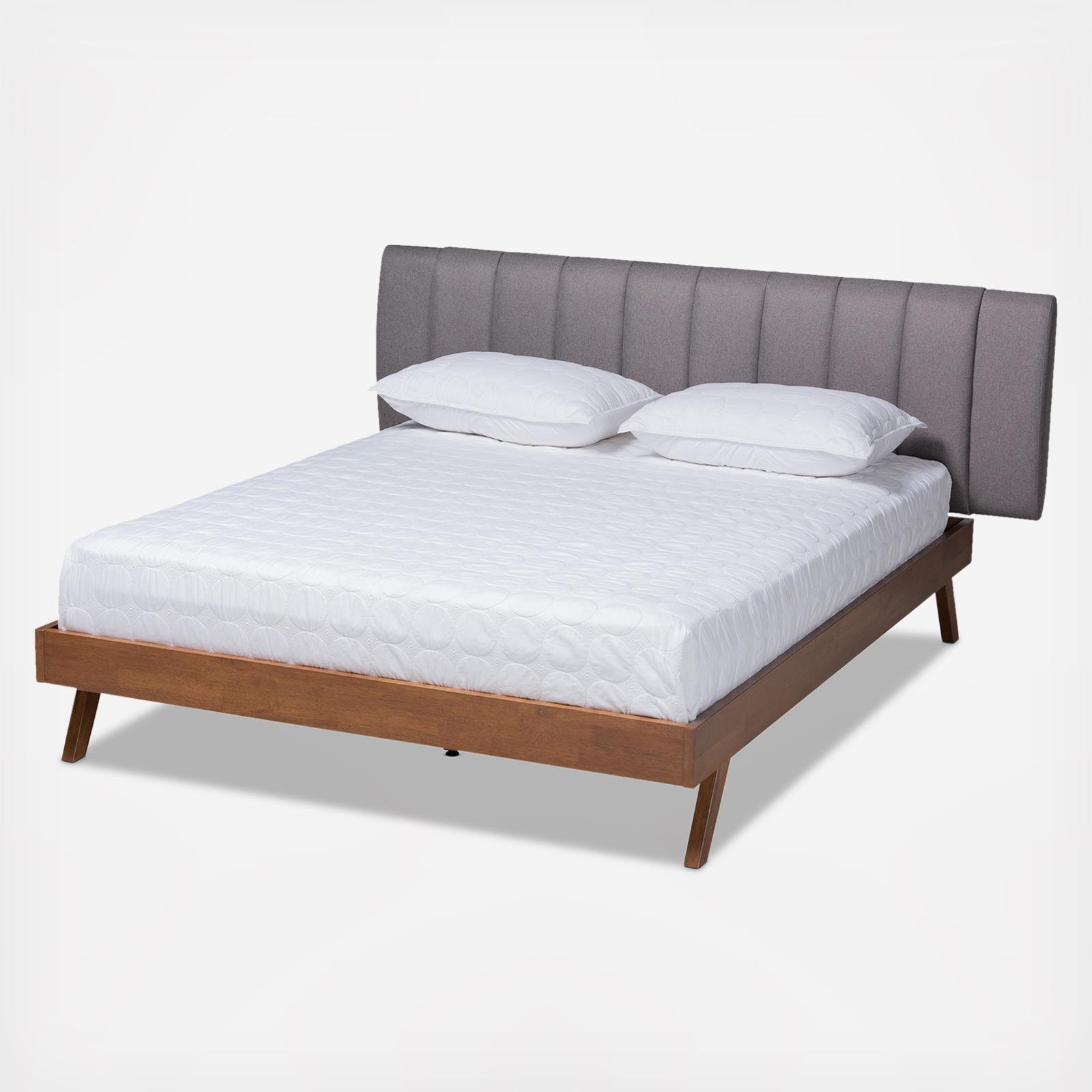 Brita Mid-Century Modern Upholstered Walnut Finished Wood Bed 2 Brita Mid-Century Modern Upholstered Walnut Finished Wood Bed