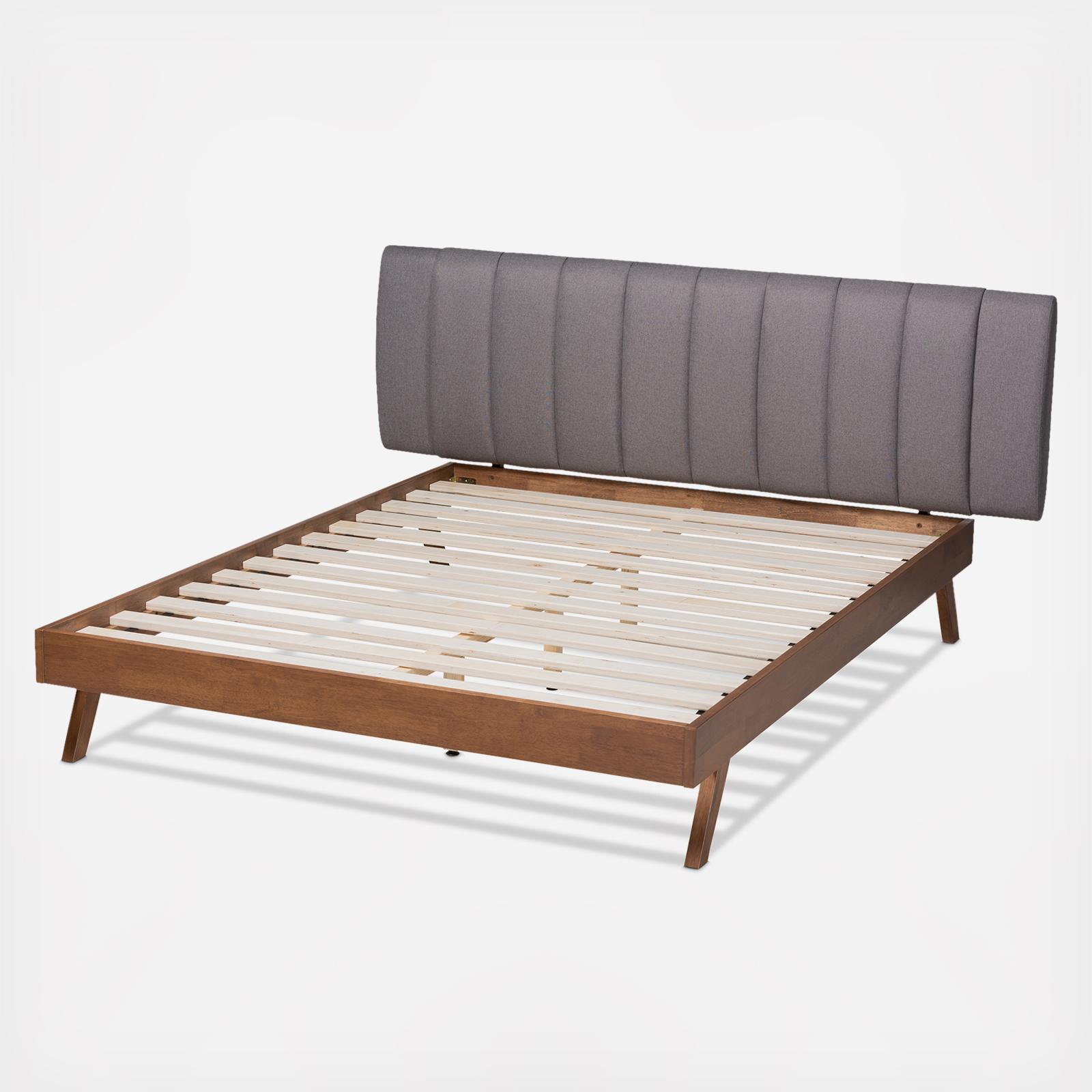 Brita Mid-Century Modern Upholstered Walnut Finished Wood Bed 3 Brita Mid-Century Modern Upholstered Walnut Finished Wood Bed