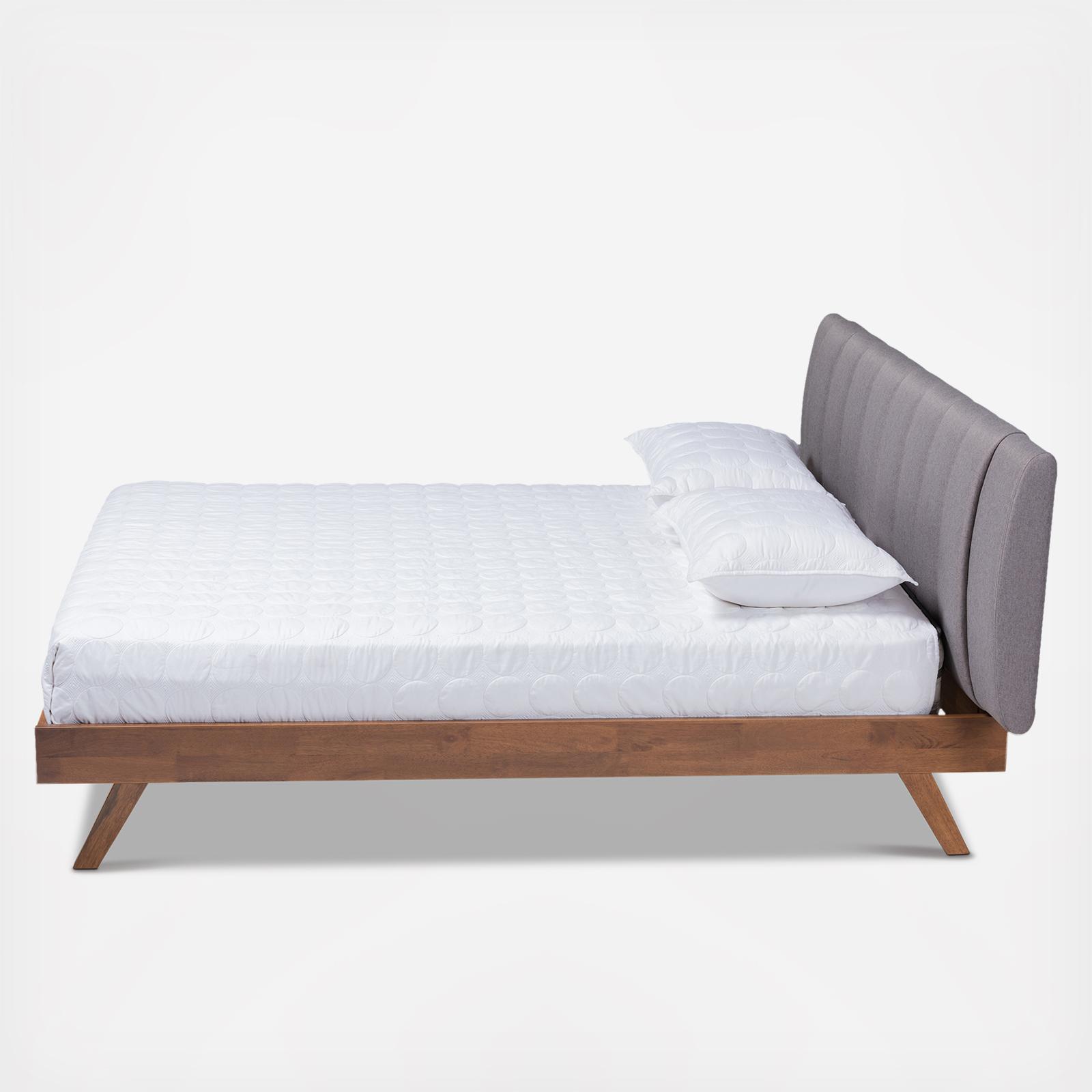 Brita Mid-Century Modern Upholstered Walnut Finished Wood Bed 4 Brita Mid-Century Modern Upholstered Walnut Finished Wood Bed