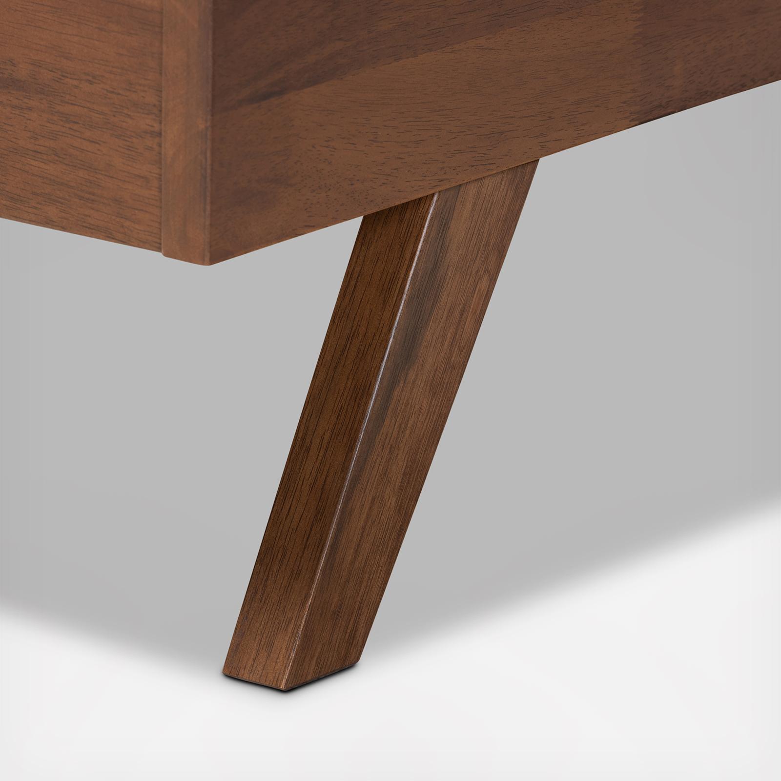 Brita Mid-Century Modern Upholstered Walnut Finished Wood Bed 8 Brita Mid-Century Modern Upholstered Walnut Finished Wood Bed