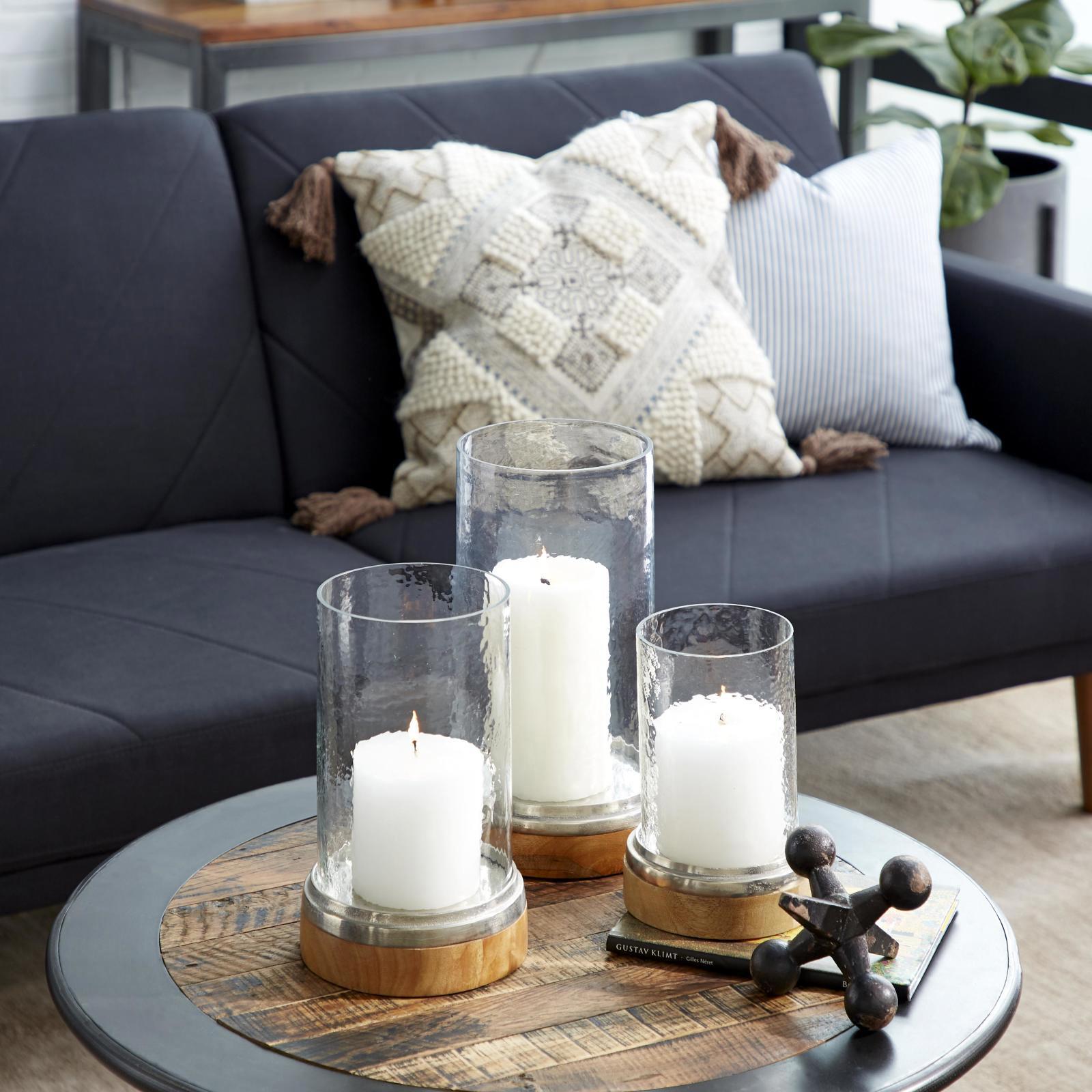 Wood Pillar 3-Piece Room Hurricane Lamp Set