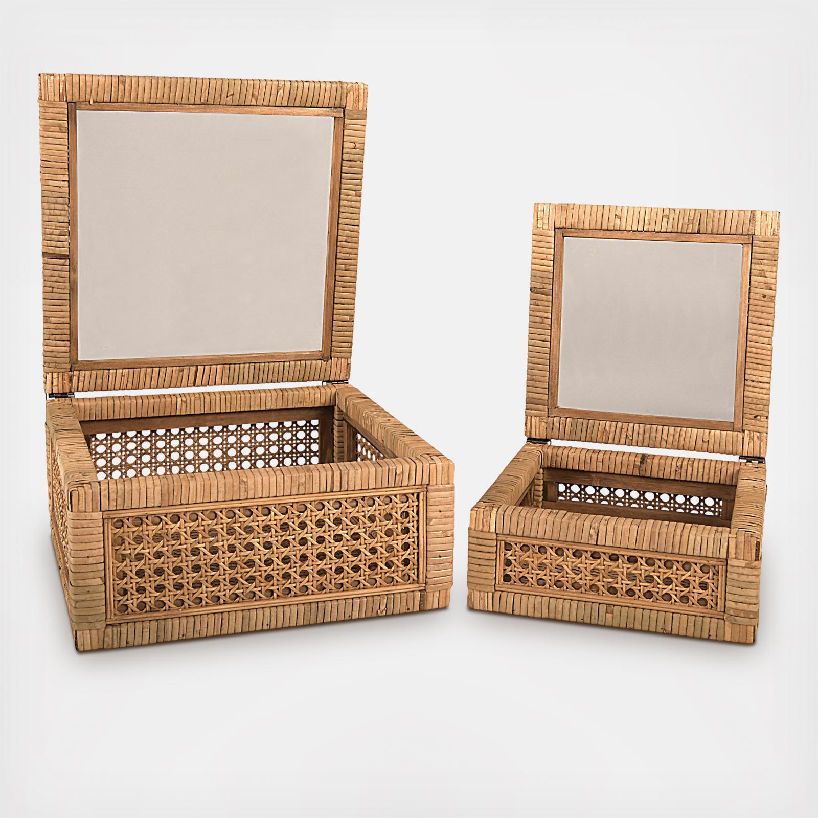 Woven Wood & Rattan Display Box with Glass Lid, Set of 2