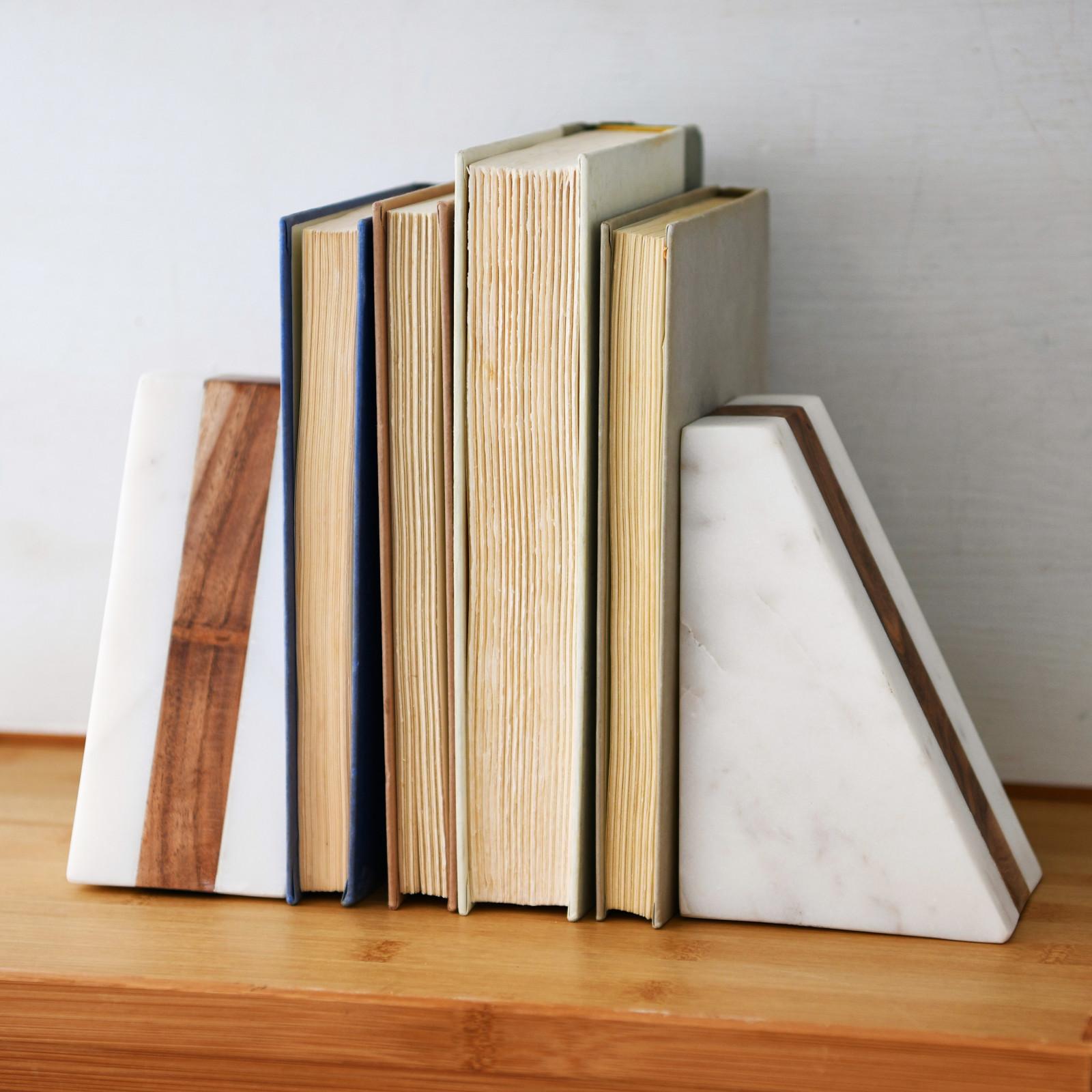 Marble Geometric Bookends with Wood Inlay 3 Marble Geometric Bookends with Wood Inlay