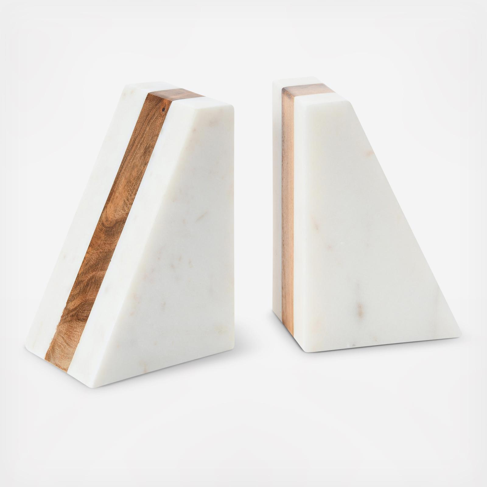 Marble Geometric Bookends with Wood Inlay