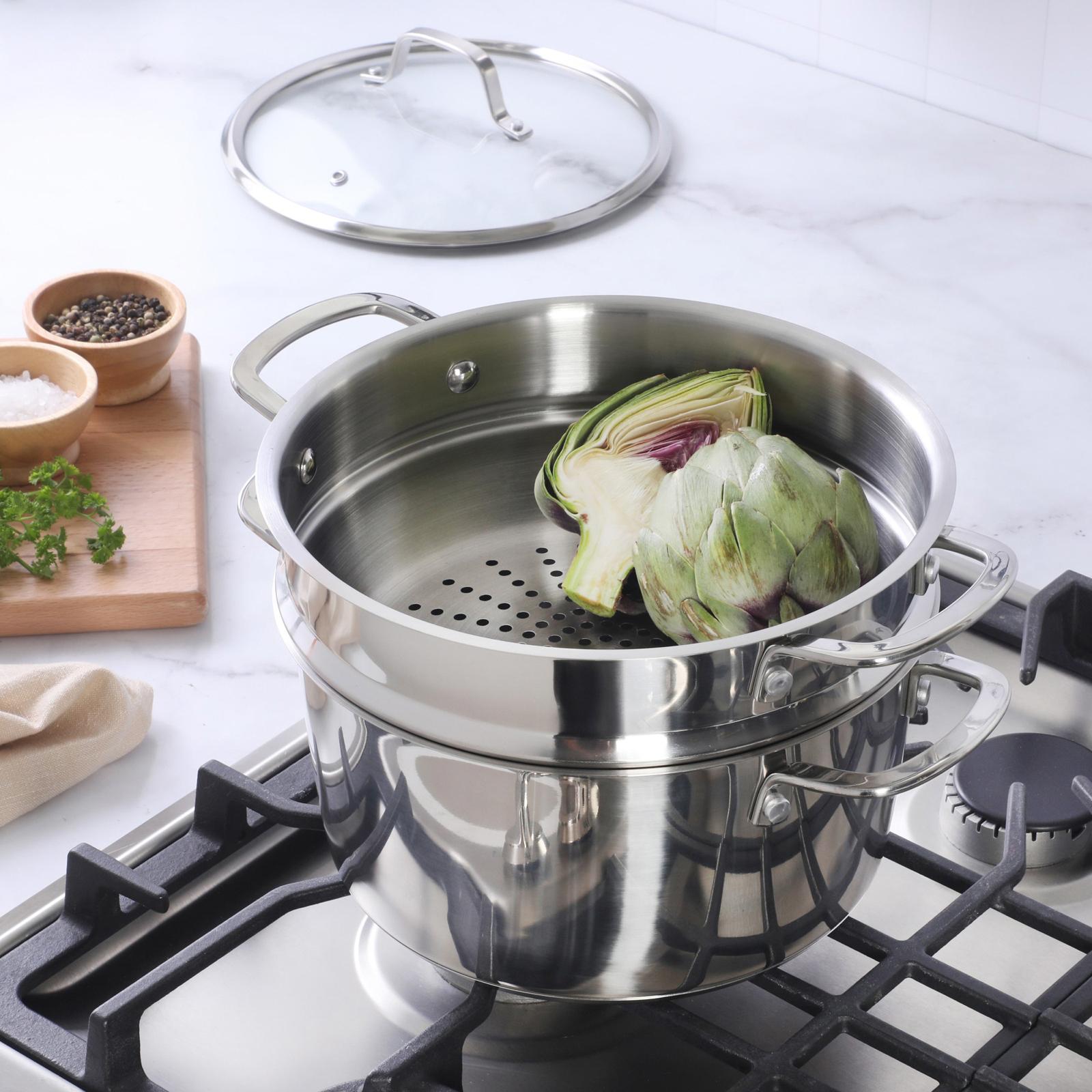 Kitchen Essentials Chef's Deck Stainless Steel Dutch Oven with Steamer Insert & Glass Lid