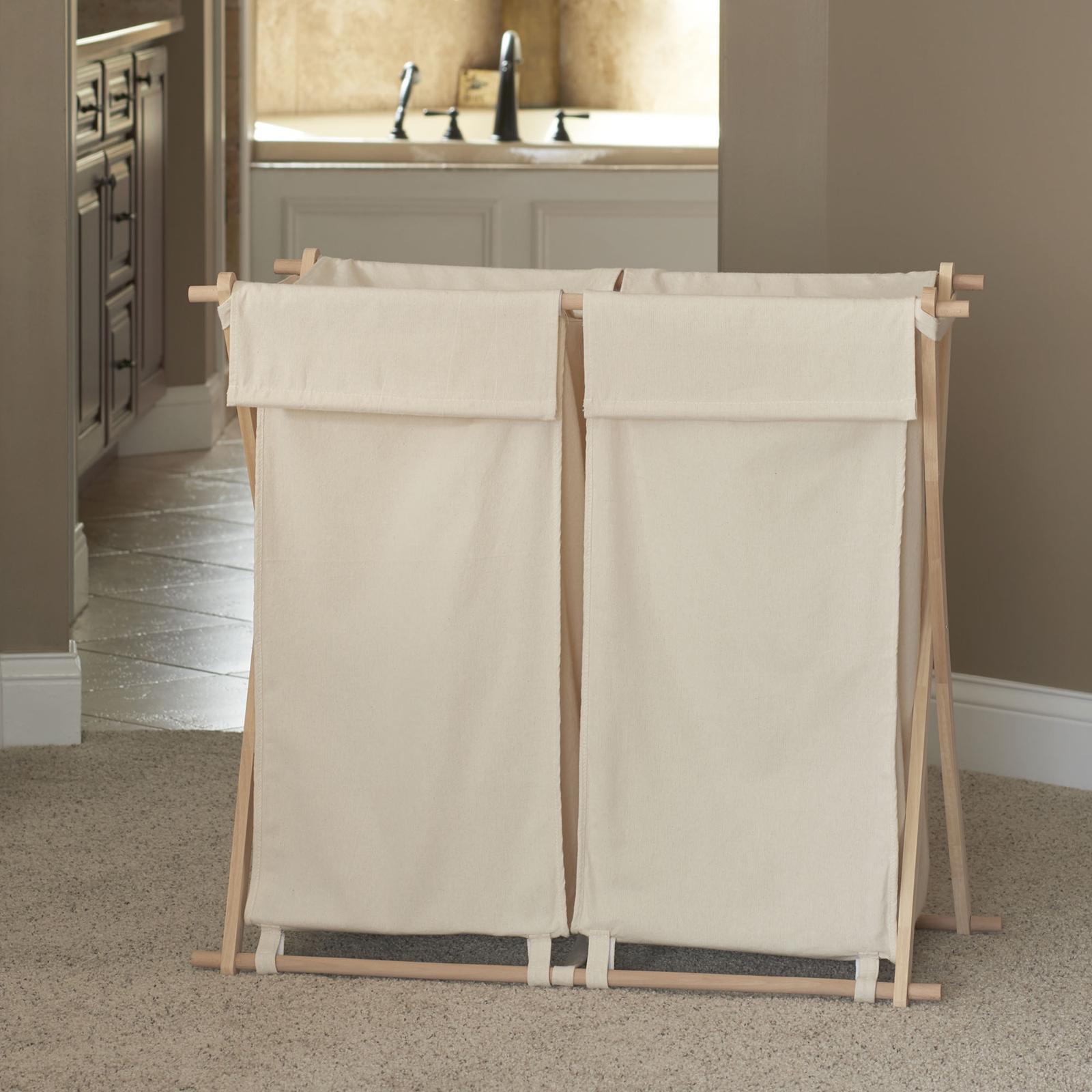 X-Frame Wood Double Laundry Hamper Sorter with Bag 7 X-Frame Wood Double Laundry Hamper Sorter with Bag