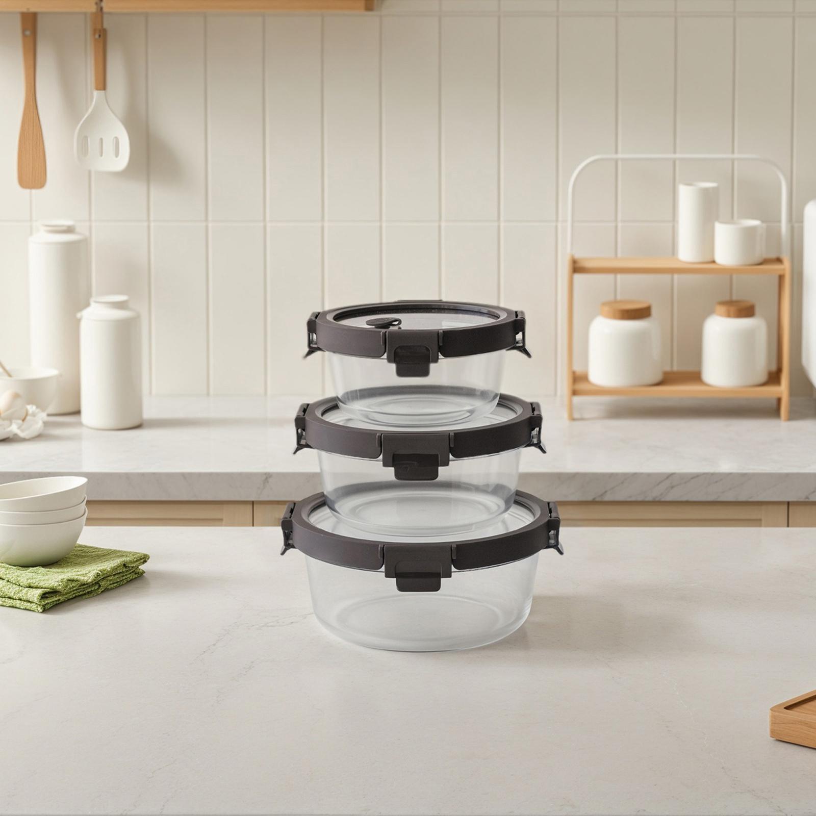 3-Piece Round Glass Food Container Set with Glass Lid
