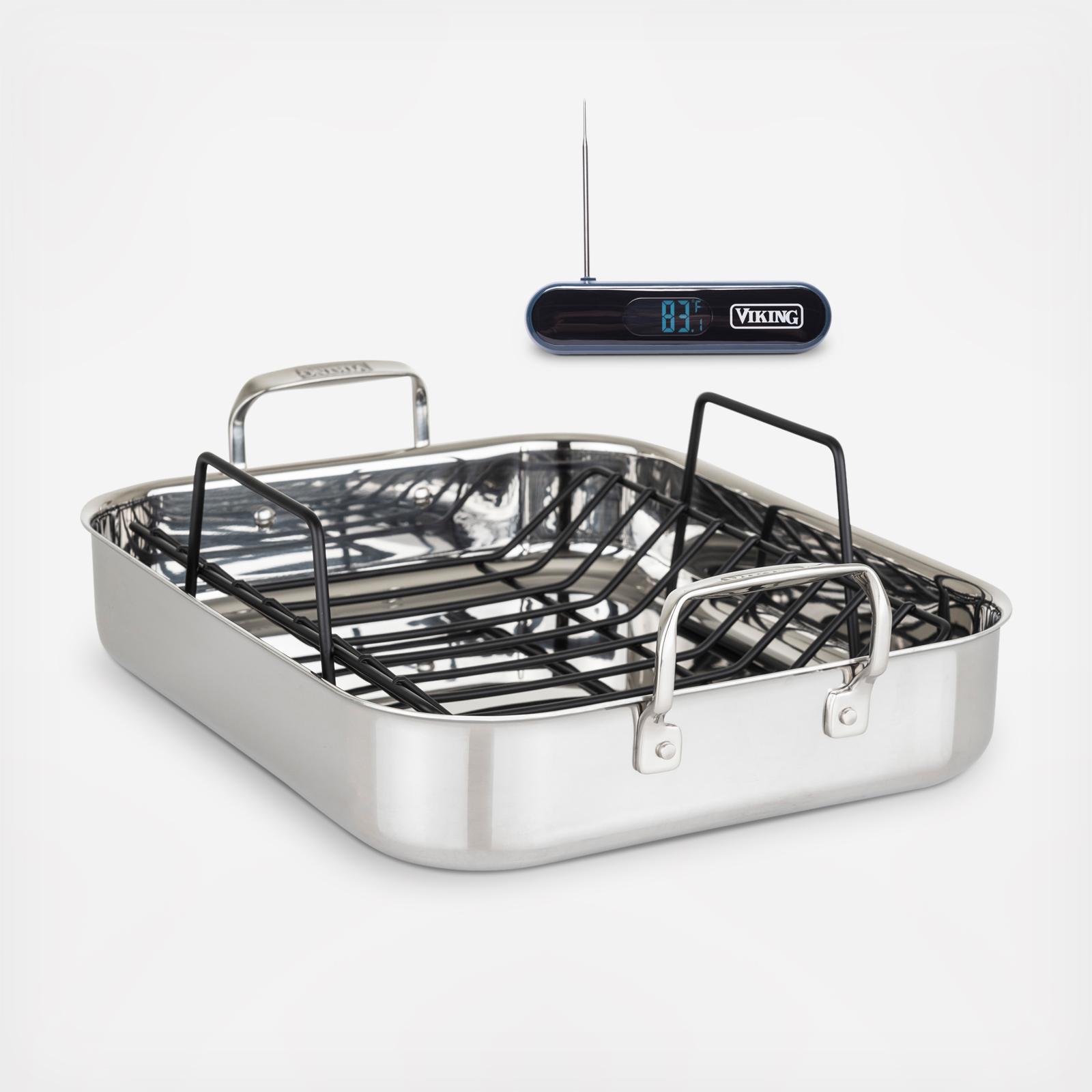 3-Ply Stainless Steel Roasting Pan with Rack & Themocouple Thermometer