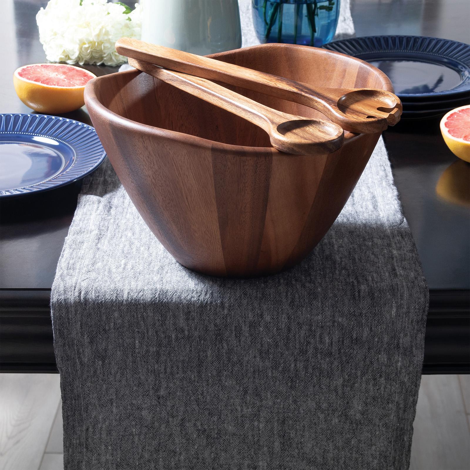 Acacia Wave Salad Serving Bowl with Servers 2 Acacia Wave Salad Serving Bowl with Servers