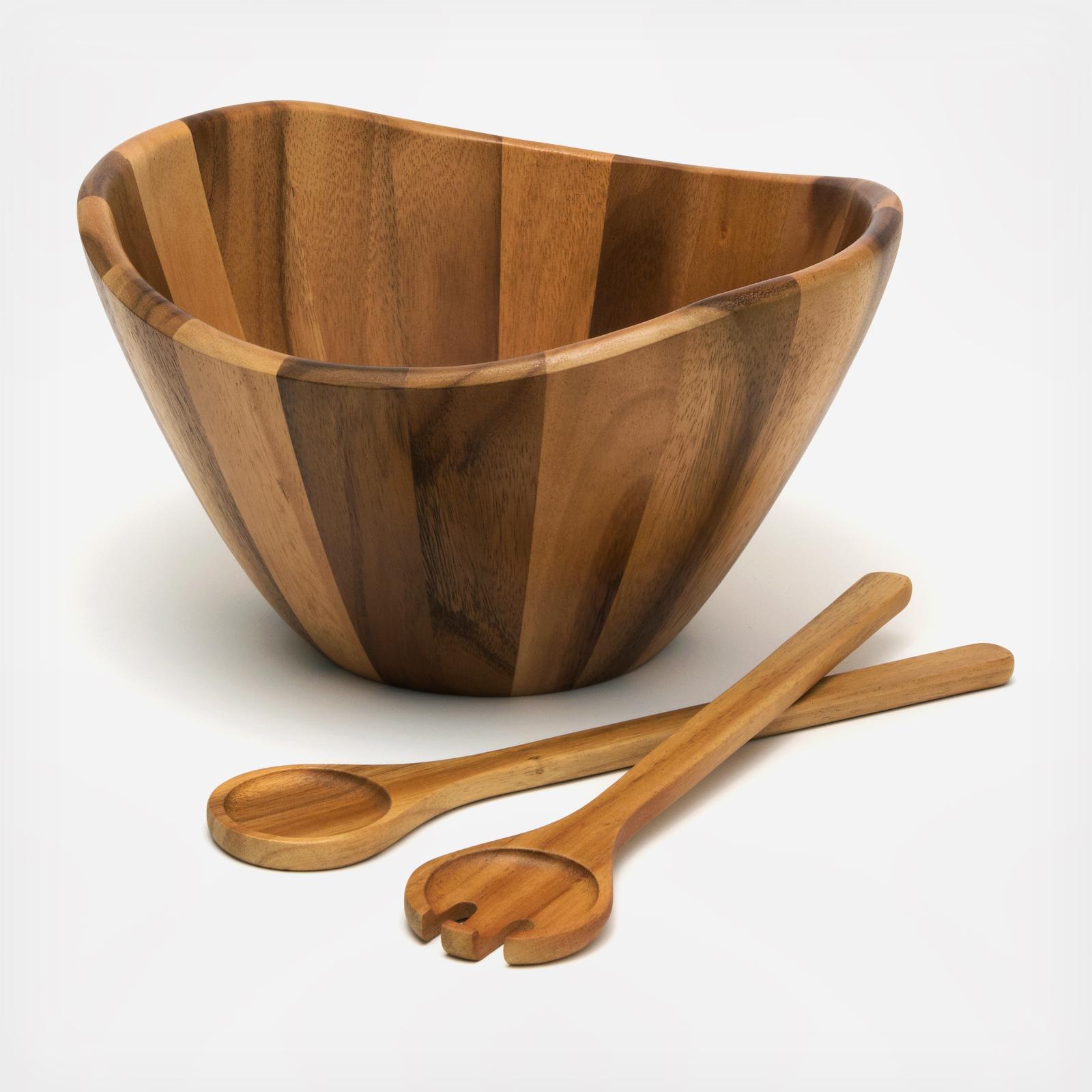 Acacia Wave Salad Serving Bowl with Servers 3 Acacia Wave Salad Serving Bowl with Servers