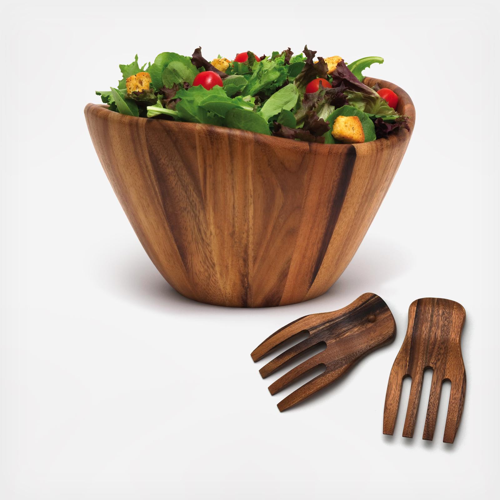 Acacia Wave Serving Bowl with Salad Hands