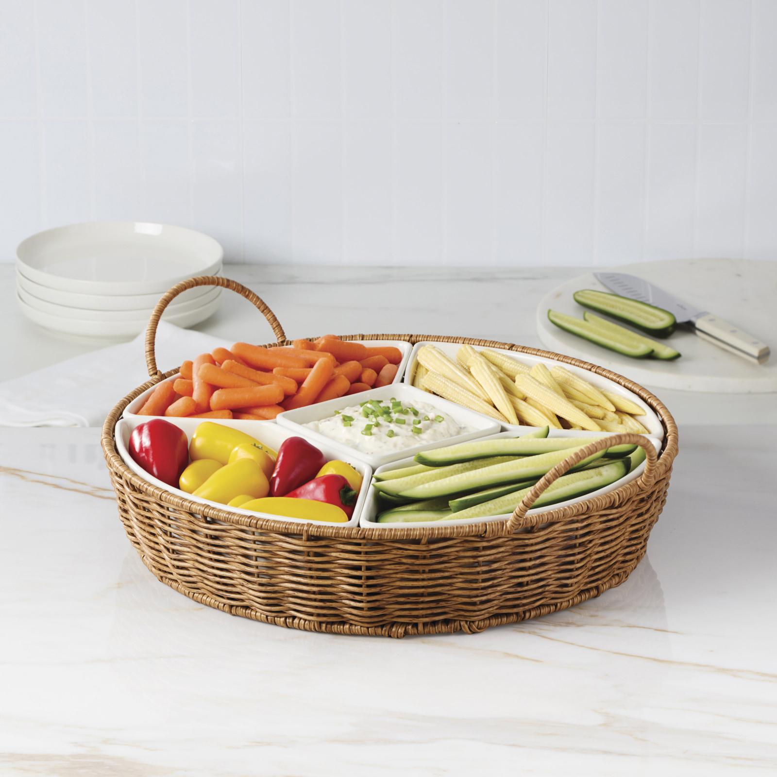 Willow & White 6-Piece Bowl & Rattan Serving Tray Set 4 Willow & White 6-Piece Bowl & Rattan Serving Tray Set
