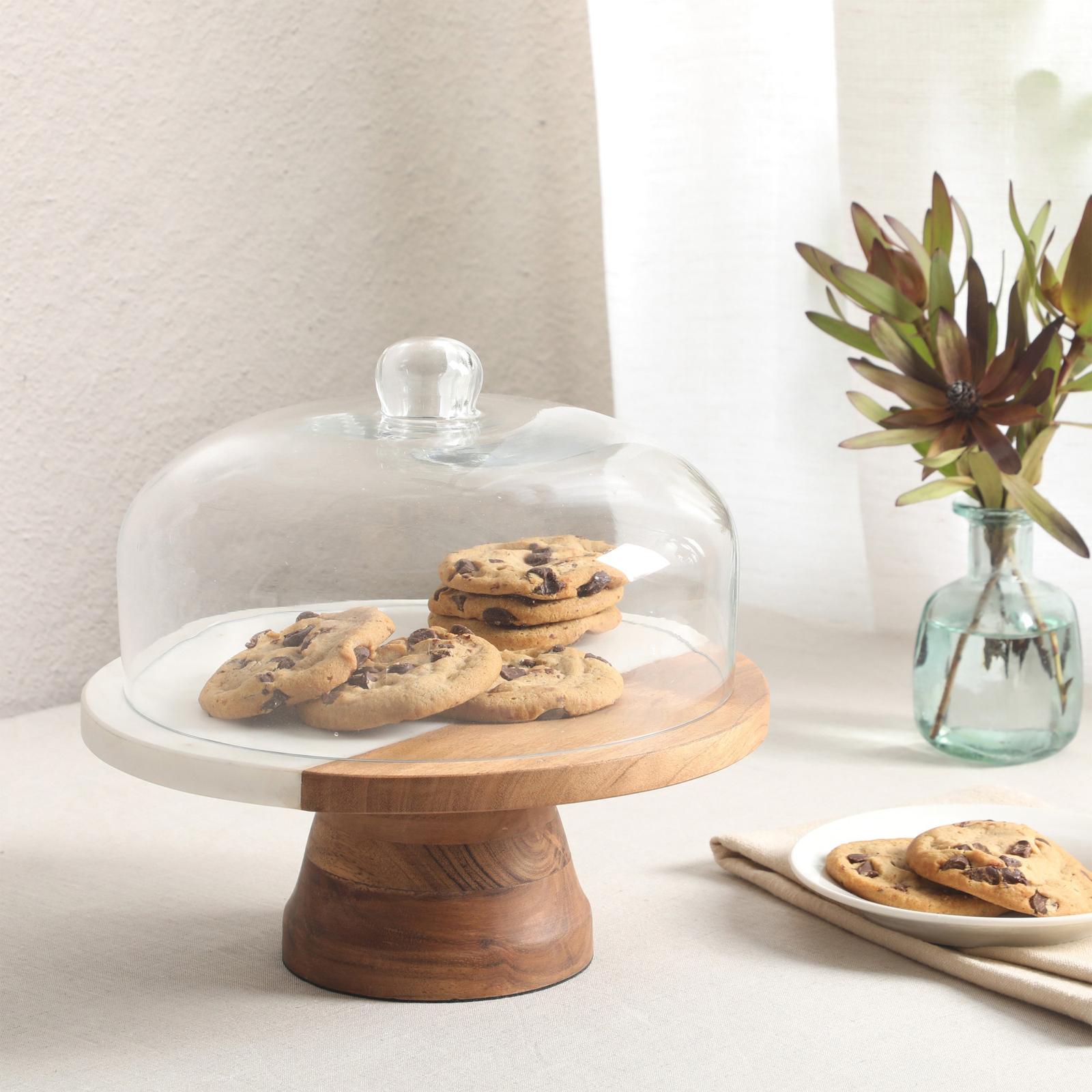 Ridgehaven Marble & Wood Cake Stand with Glass Cloche