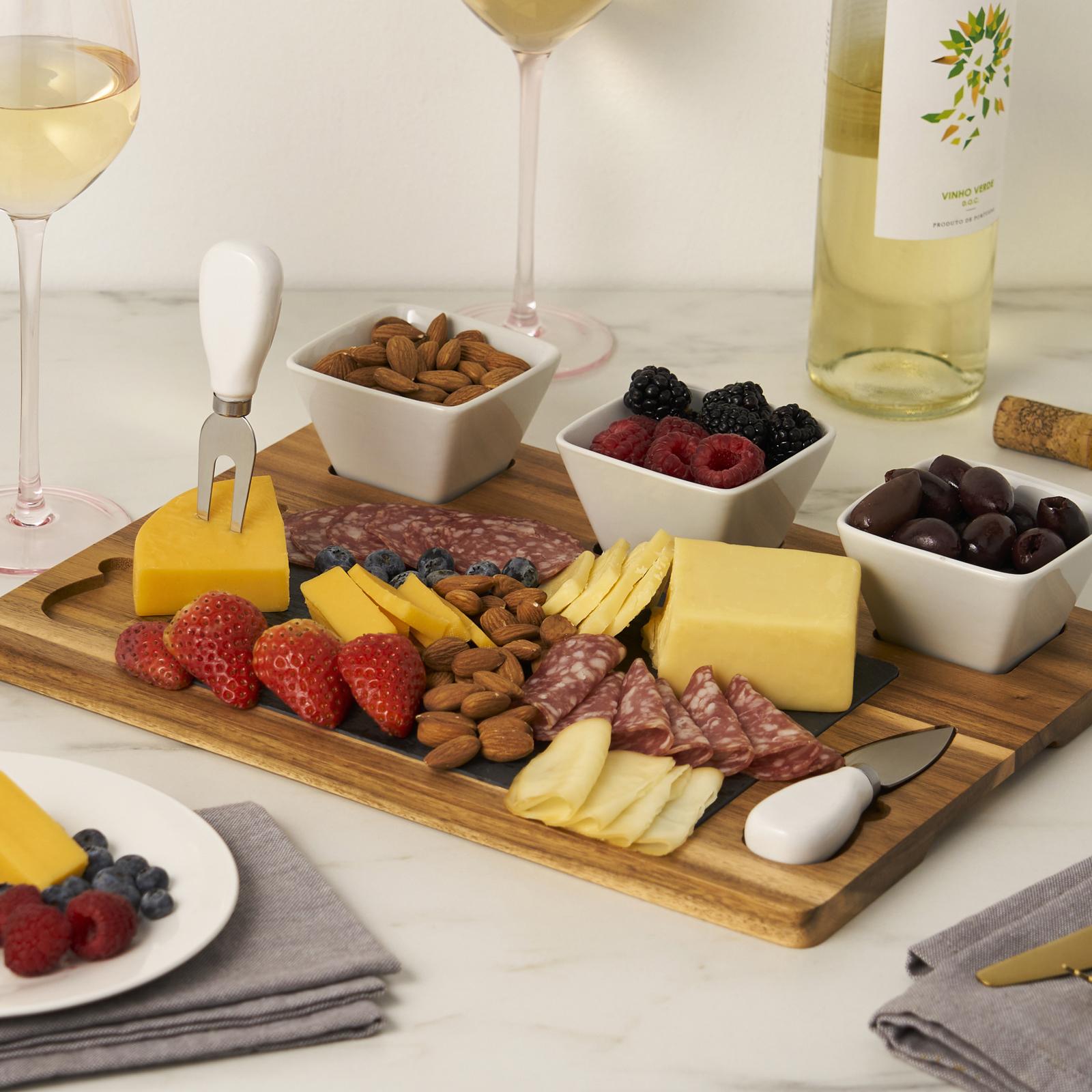 Acacia 7-Piece Slate Cheese Board Set 4 Acacia 7-Piece Slate Cheese Board Set