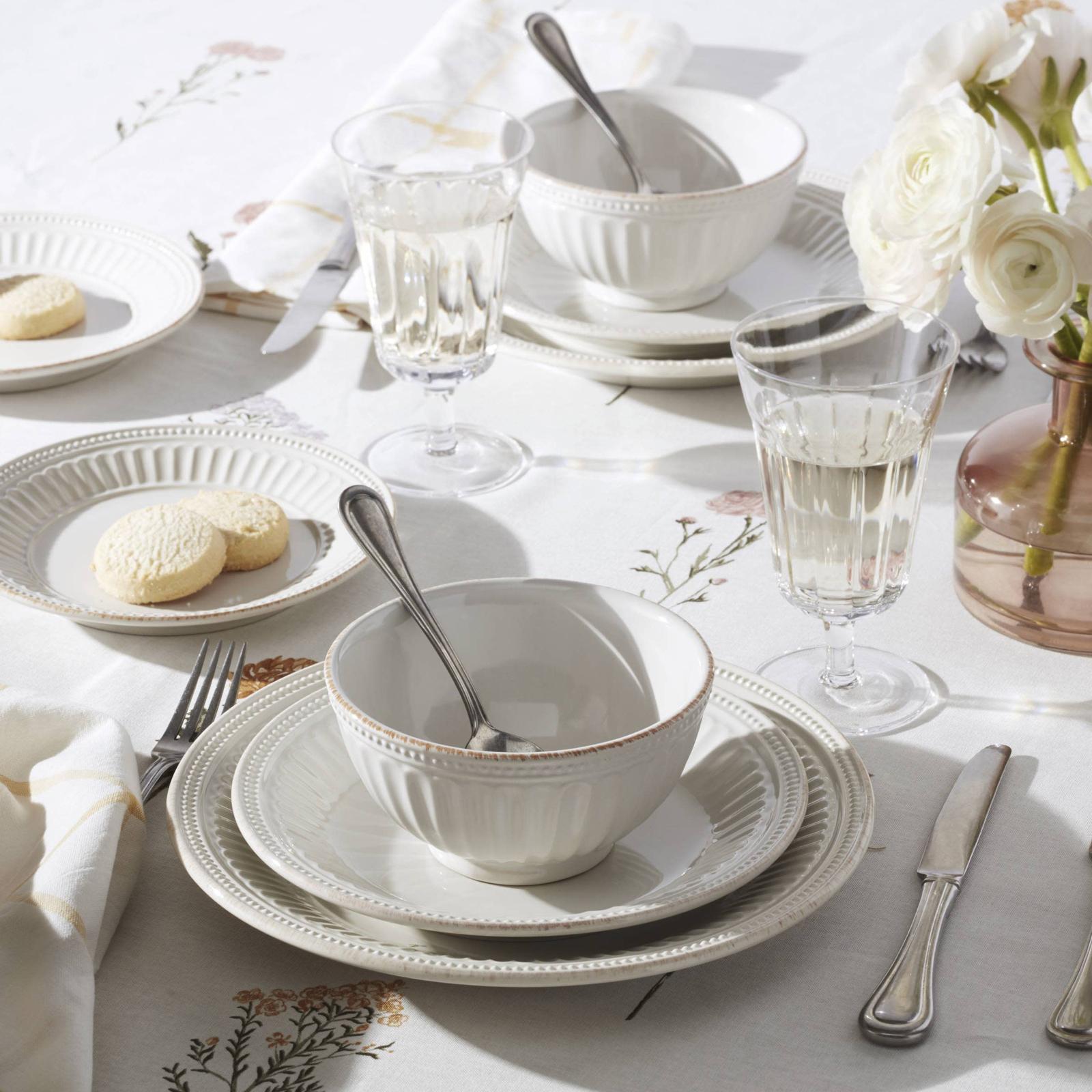 French Perle Groove 12-Piece Plate & Bowl Dinnerware Set, Service for 4 12 French Perle Groove 12-Piece Plate & Bowl Dinnerware Set, Service for 4