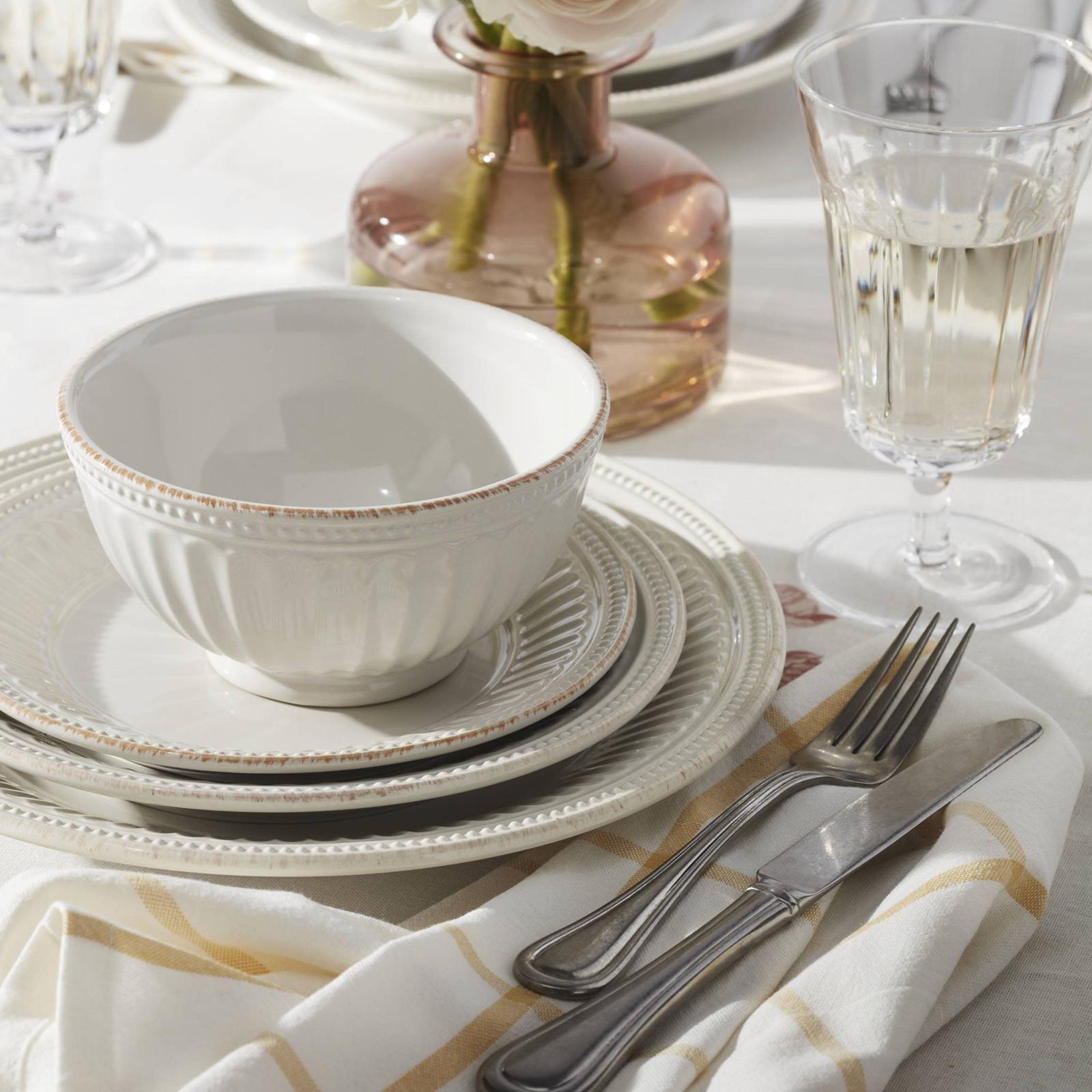 French Perle Groove 12-Piece Plate & Bowl Dinnerware Set, Service for 4 5 French Perle Groove 12-Piece Plate & Bowl Dinnerware Set, Service for 4