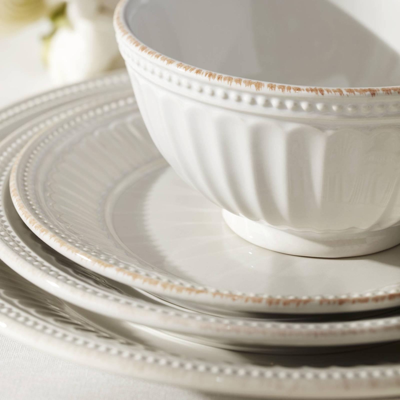 French Perle Groove 12-Piece Plate & Bowl Dinnerware Set, Service for 4 6 French Perle Groove 12-Piece Plate & Bowl Dinnerware Set, Service for 4