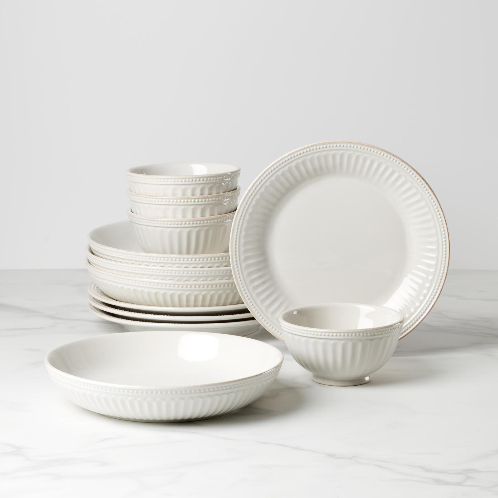 French Perle Groove 12-Piece Dinnerware Set, Service for 4 4 French Perle Groove 12-Piece Dinnerware Set, Service for 4