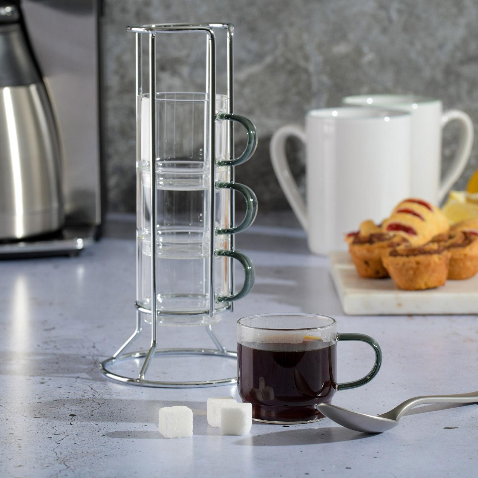 Soho Lounge 4-Piece Stackable Glass Espresso Cup Set with Rack