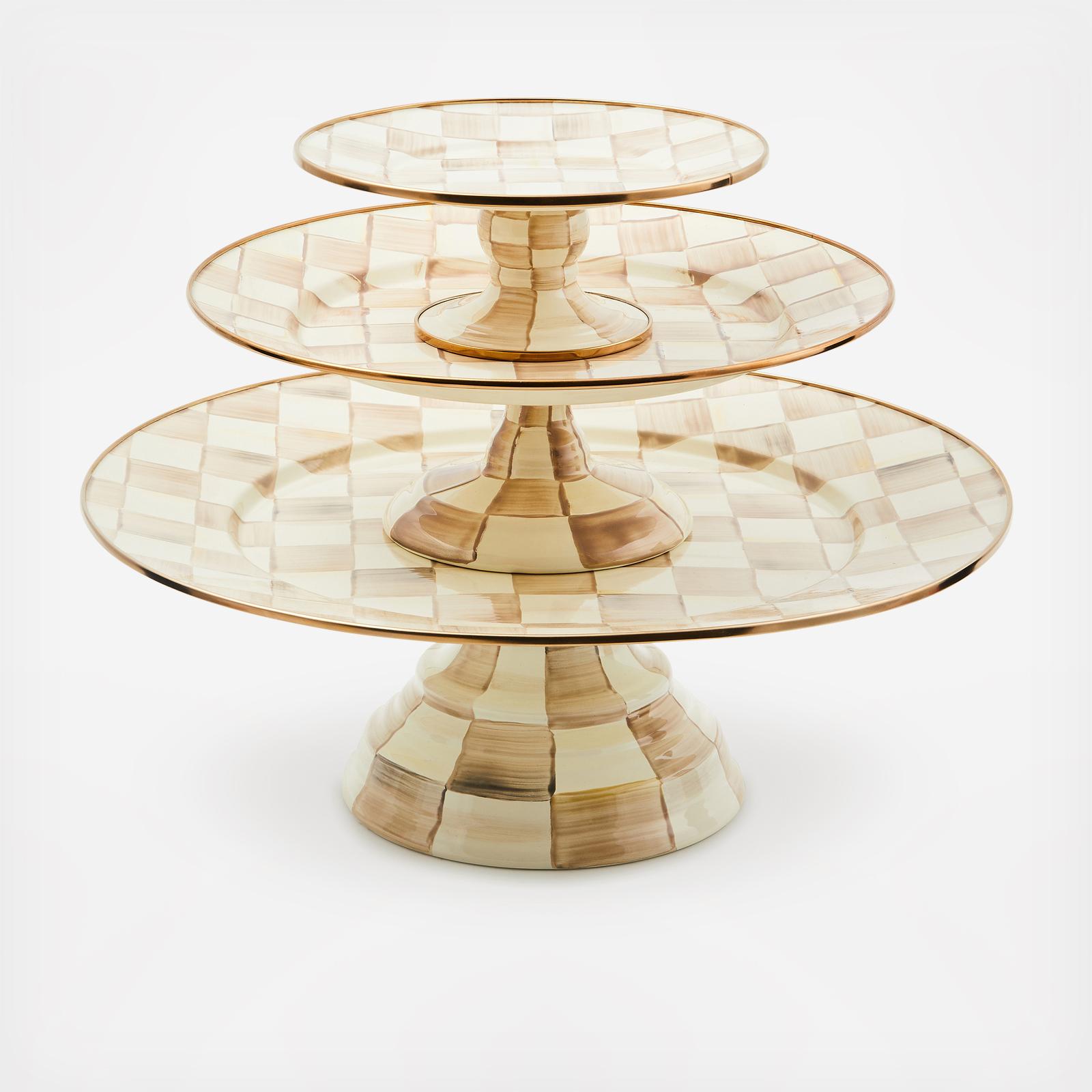Mocha Check Stainless Steel Pedestal Platter 2 Mocha Check Stainless Steel Pedestal Platter