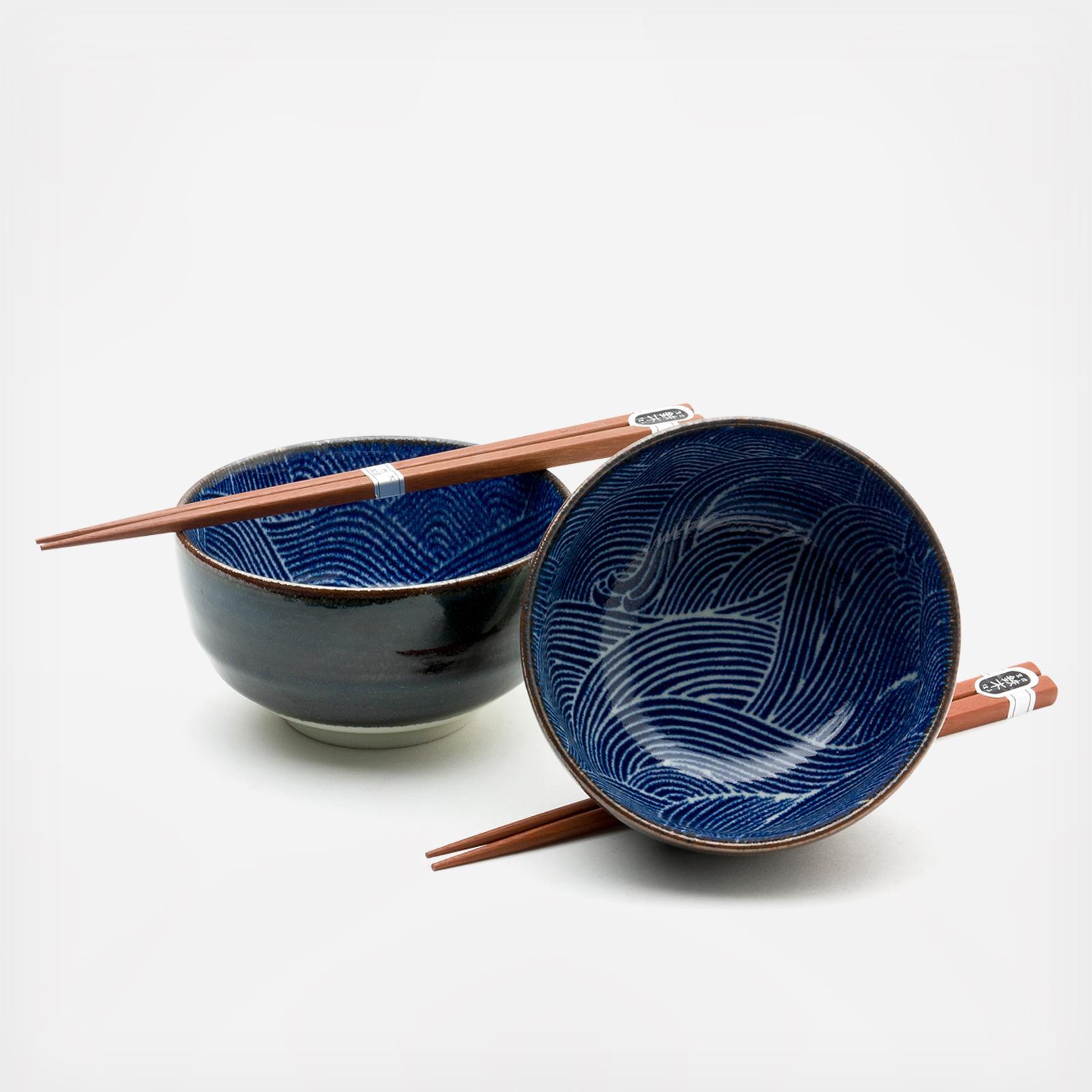 4-Piece Aranami Blue Wave Noodle Bowl Set 3 4-Piece Aranami Blue Wave Noodle Bowl Set