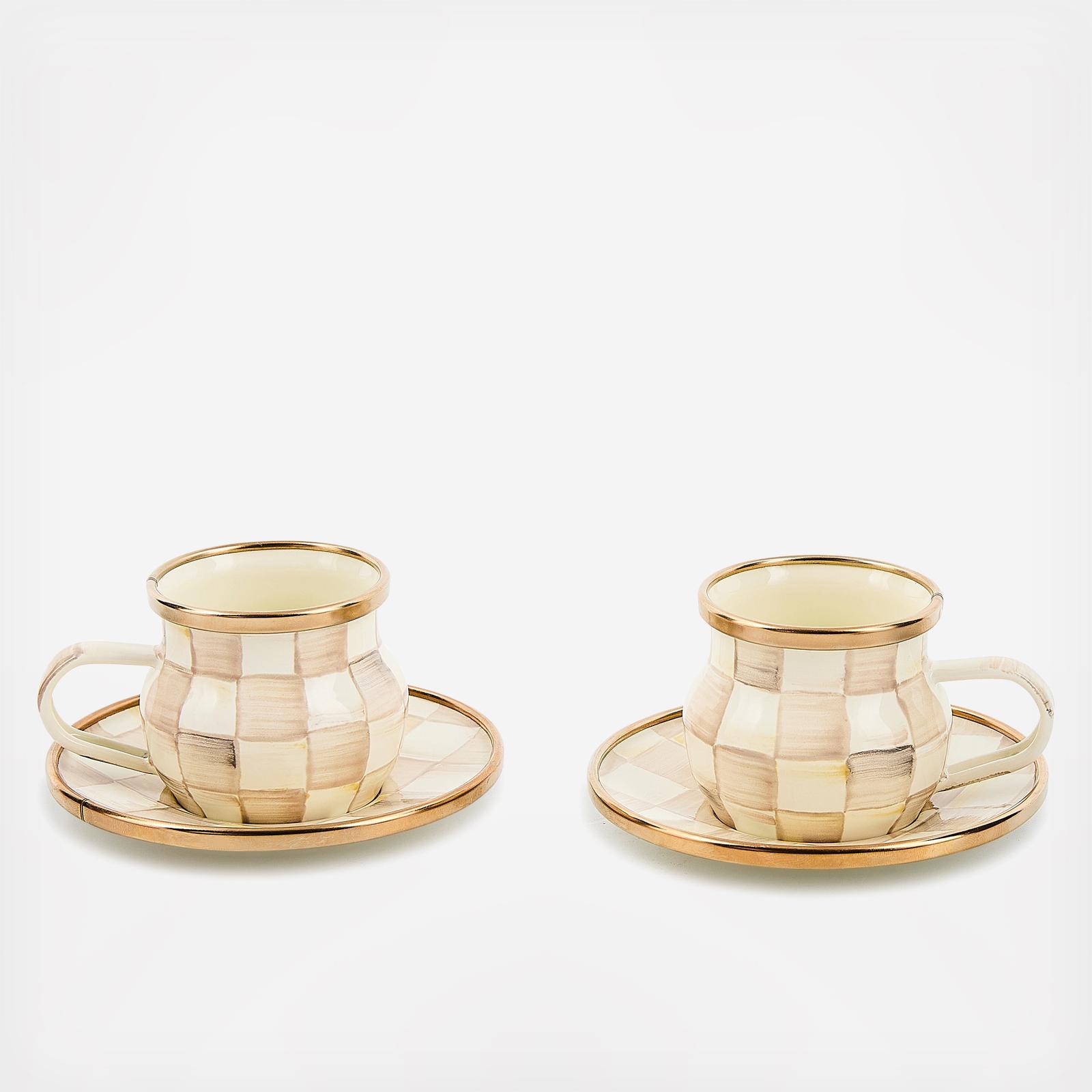 Mocha Check Stainless Steel Espresso Cup & Saucer Set 2 Mocha Check Stainless Steel Espresso Cup & Saucer Set