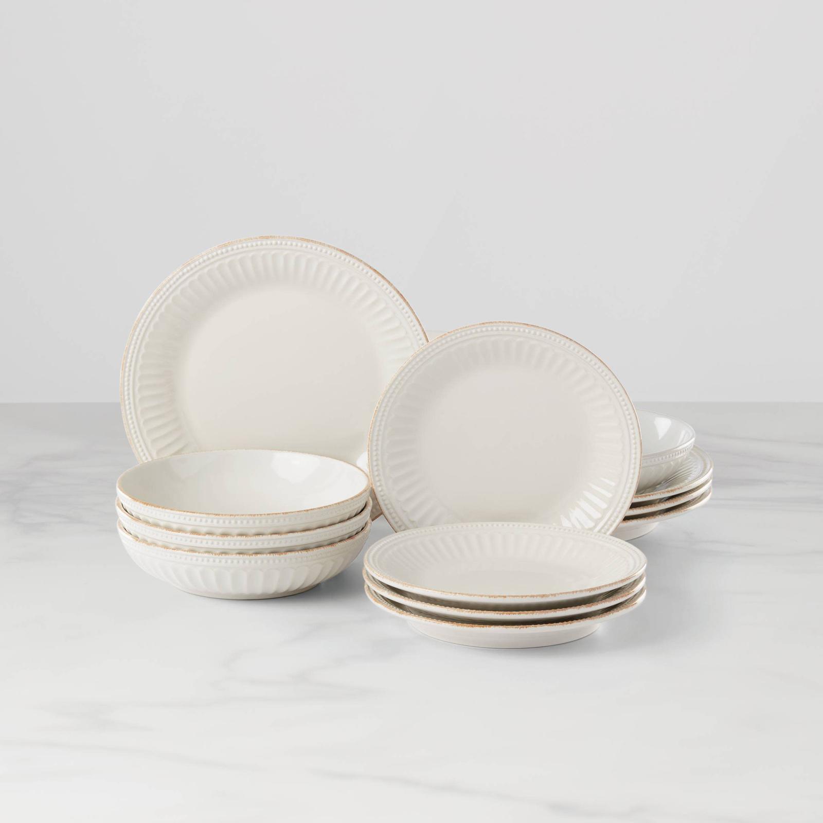 French Perle Groove 12-Piece Dinnerware Set, Service for 4 1 French Perle Groove 12-Piece Dinnerware Set, Service for 4
