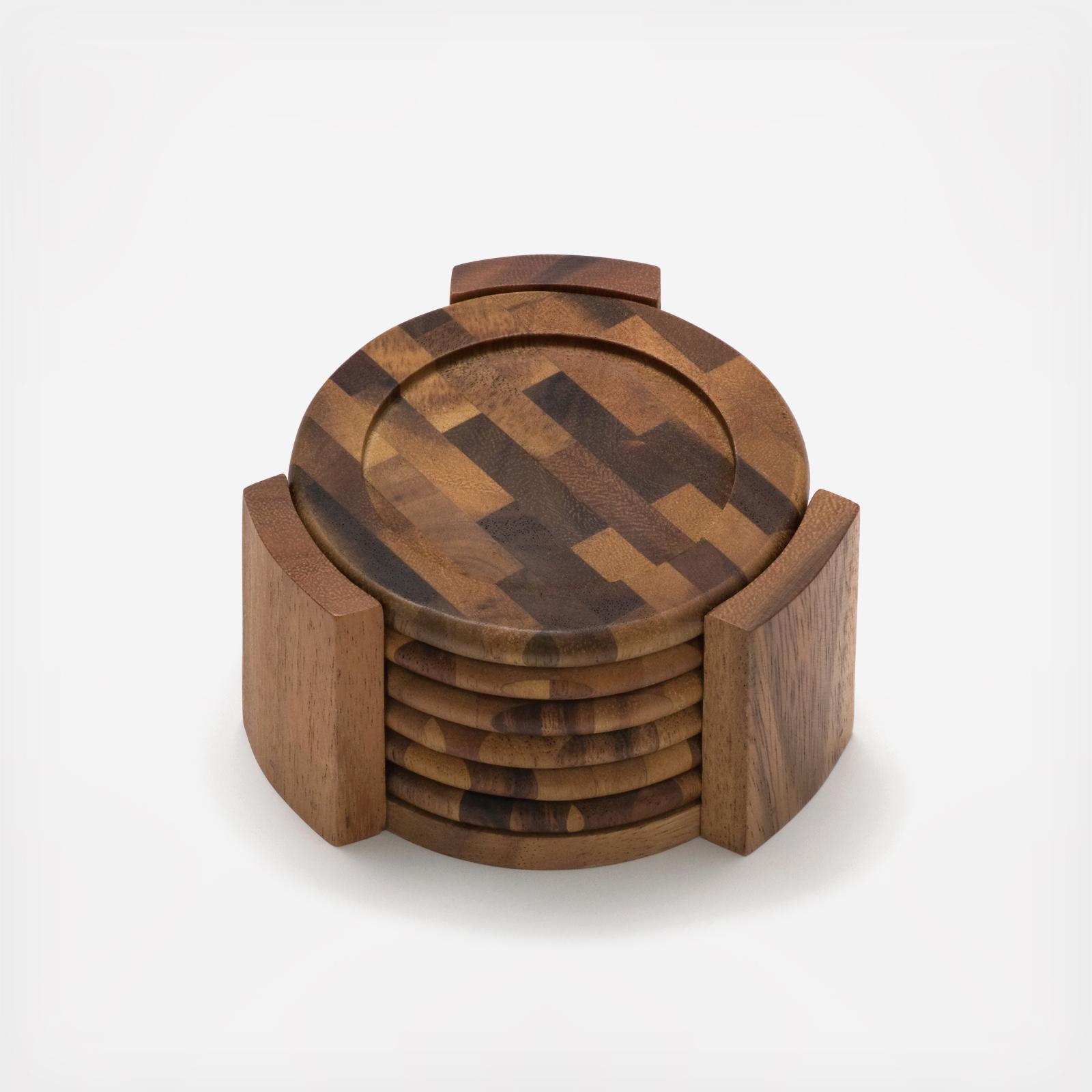 Acacia End Grain Coaster with Holder, Set of 6 1 Acacia End Grain Coaster with Holder, Set of 6