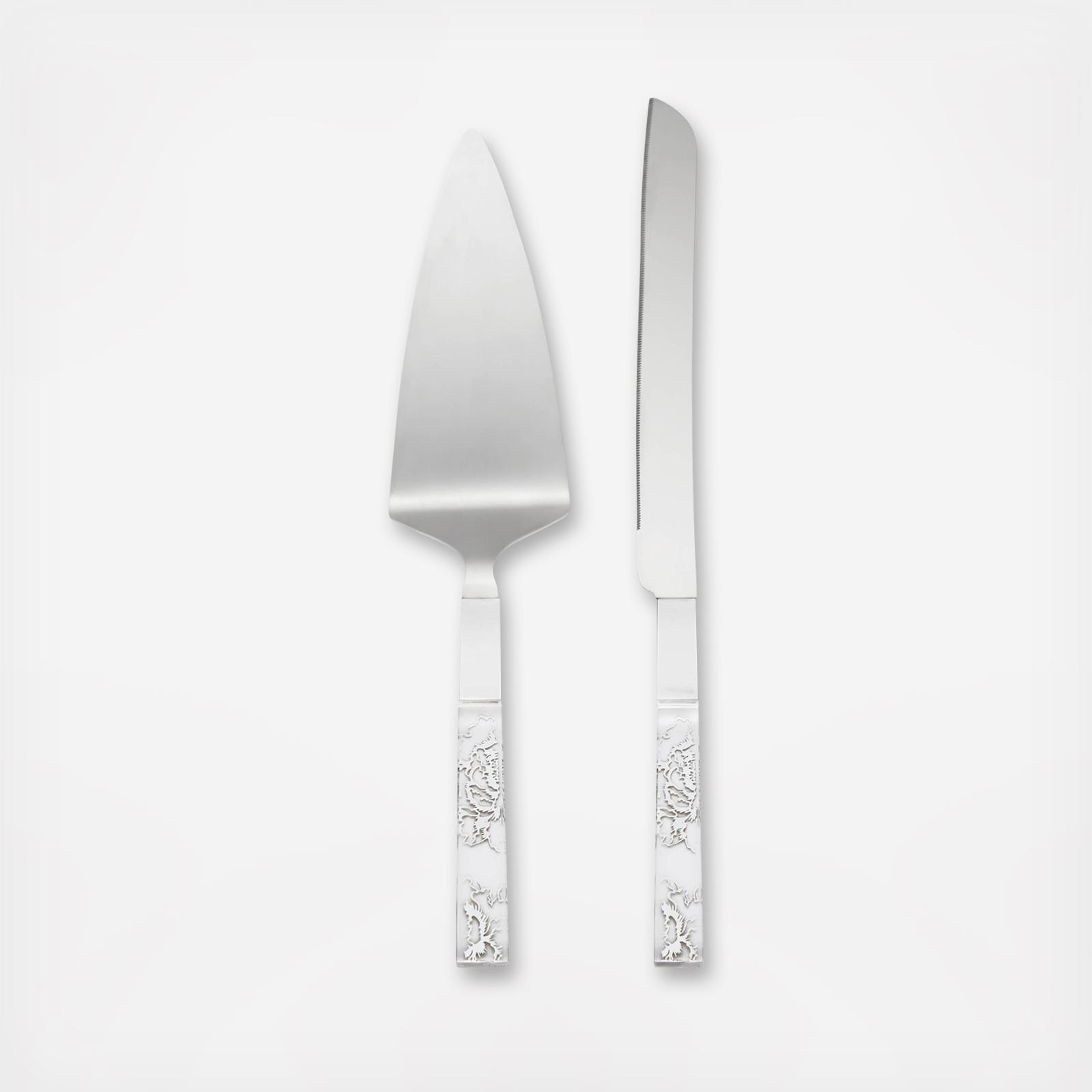 Silver Peony Cake Knife & Server Set 1 Silver Peony Cake Knife & Server Set